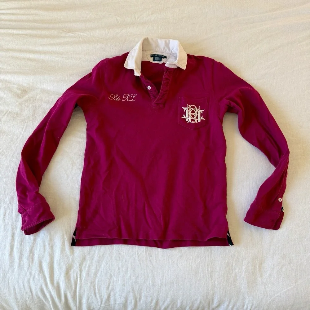 Polo Ralph Lauren RL Rugby Shirt Pink ‎ Womens Sz Large Preppy #3